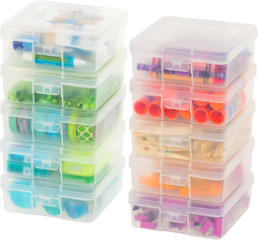 USA Plastic Pencil Case Box Craft Hobby Art School Supply Storage Organizer Container with Latching Lid, 10-Pack, for Bead Pens Ribbons Wahi Tape Sticker Yarn Ornaments, Stackable, Clear, Small