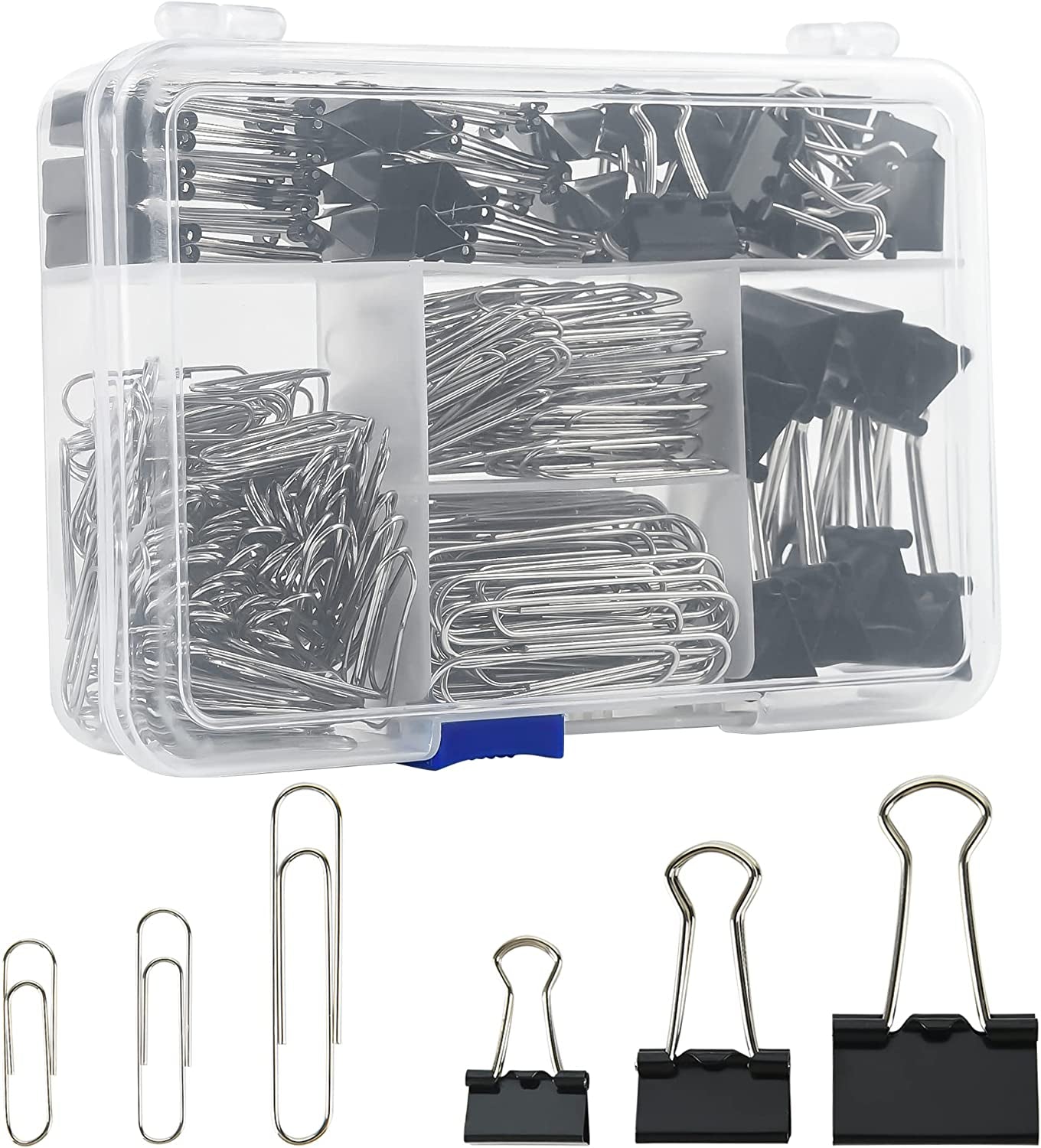 Binder Clips Paper Clips Assorted Sizes, 340Pcs Black Binder Clips Jumbo Paperclips Set, Large Paper Clips for Office, School Supplies, Binder & Paper Clips in Container with Compartments
