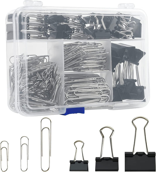 Binder Clips Paper Clips Assorted Sizes, 340Pcs Black Binder Clips Jumbo Paperclips Set, Large Paper Clips for Office, School Supplies, Binder & Paper Clips in Container with Compartments
