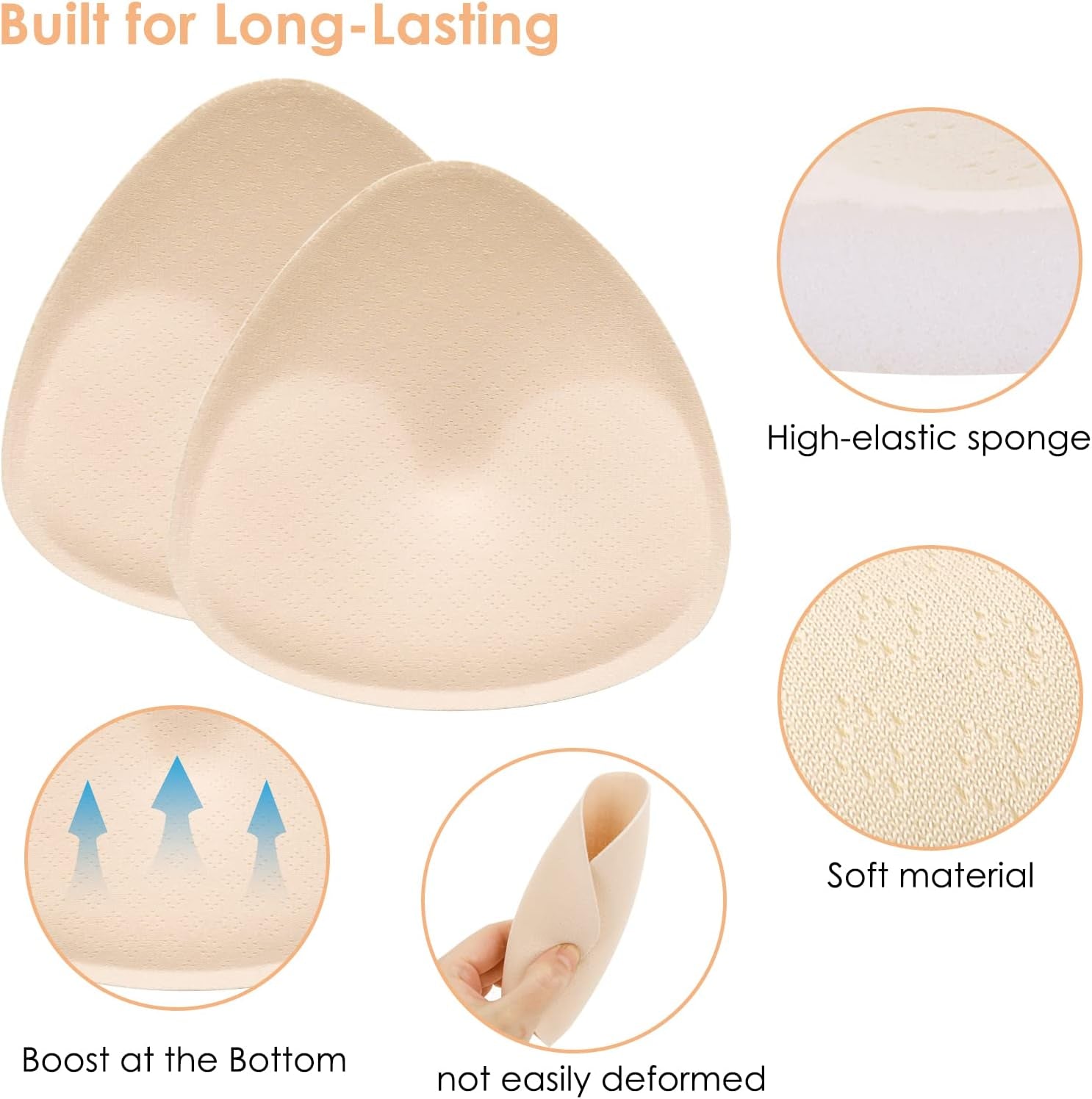 Glam 2 Pairs Bra Pads Inserts, Triangle Breathable Bra Inserts Skin Color Removable Breast Padding Bra Pads for Women Girls