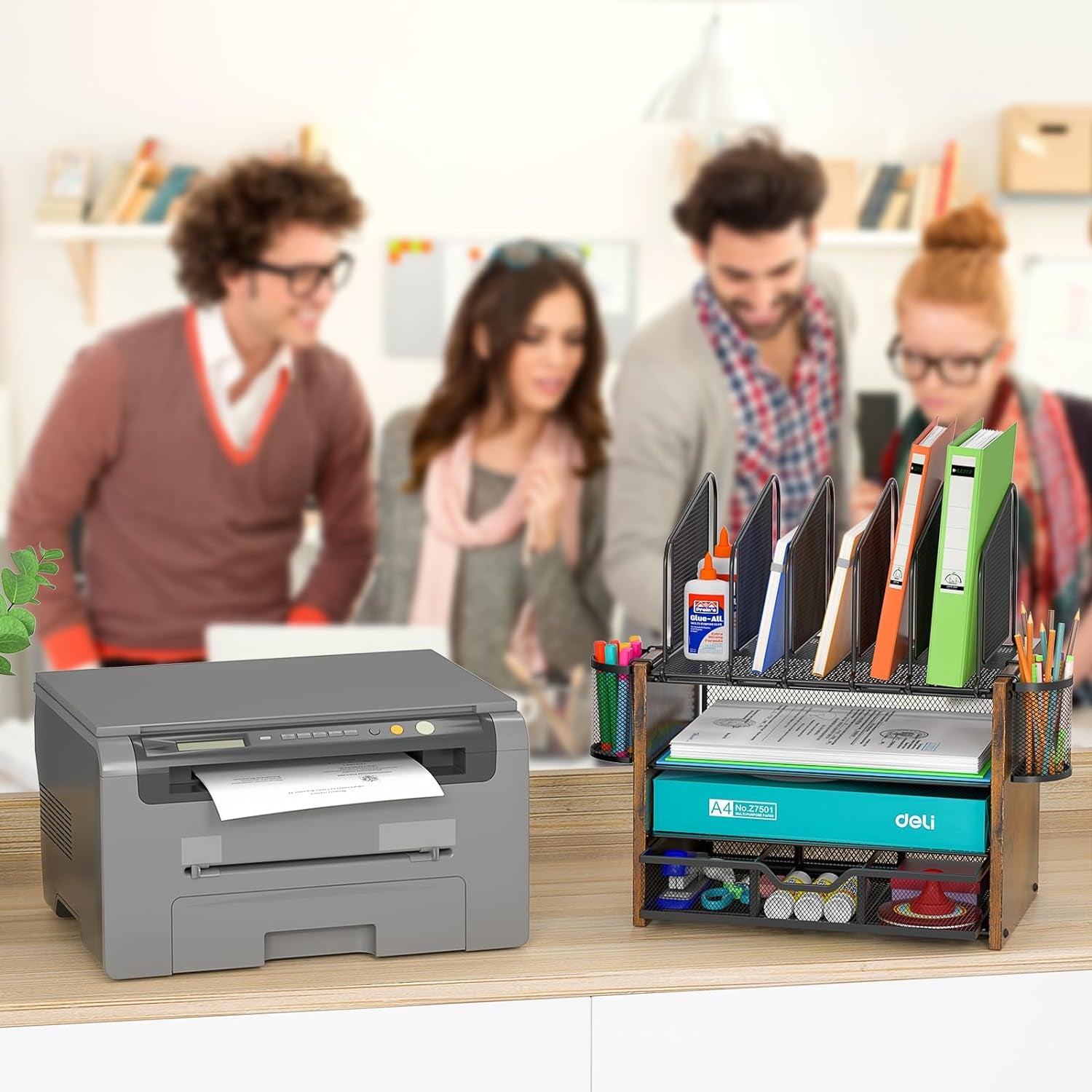 4-Tier Mesh Desk Organizer – Wooden Desktop File Holder with Vertical Slots & Drawer