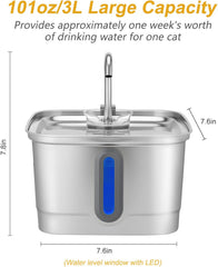 Stainless Steel Cat Water Fountain, 101Oz/3L Automatic Pet Water Fountain, Dog Water Fountain with Replacement Filters for Cats, Small Dogs (2 Filters and 2 Sponges)