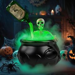 Glam Halloween Decorations Indoor, Cauldron Halloween Decor Set with Magic Floating Potion Bottles Skeleton Mist Maker, Black Witches Cauldron Diffuser for Home Kitchen Mantel Party Decor