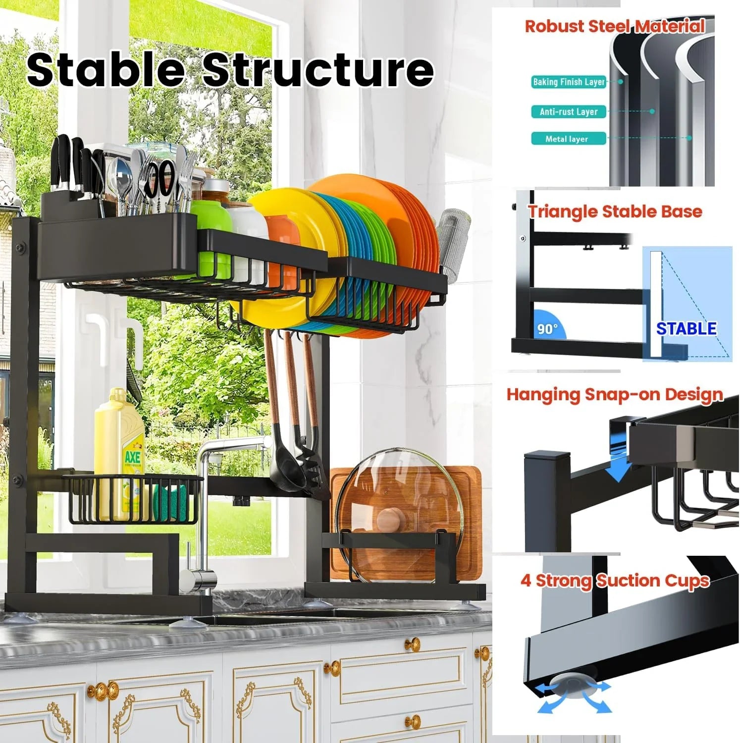 Fit Sink 24.5"- 35.5" L over Sink Dish Drying Rack (Expandable Dimension) Snap-On Design 2 Tier Large Kitchen Dish Rack Stainless Steel Counter Organization and Storage