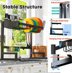Fit Sink 24.5"- 35.5" L over Sink Dish Drying Rack (Expandable Dimension) Snap-On Design 2 Tier Large Kitchen Dish Rack Stainless Steel Counter Organization and Storage