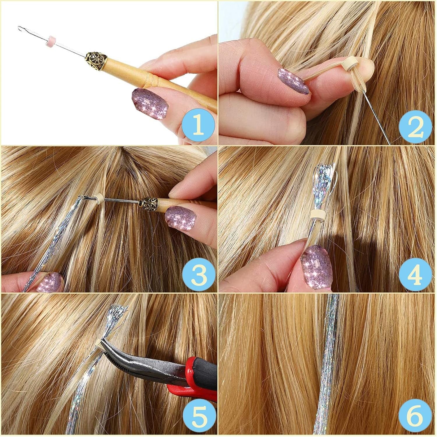 48 Inch Glitter Hair Tinsel Extensions Kit (16 Colors, 4800 Strands) with Tools - Heat Resistant Fairy Hair Accessories for Women, Girls, Kids