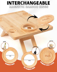 Portable Wine Picnic Table, Outdoor Wine Table, Charcuterie Board with Wine Glass Holder, Beach Picnic Kit - Includes Picnic Mat & Tote Bag