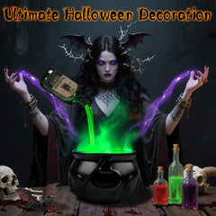 Glam Halloween Decorations Indoor, Cauldron Halloween Decor Set with Magic Floating Potion Bottles Skeleton Mist Maker, Black Witches Cauldron Diffuser for Home Kitchen Mantel Party Decor