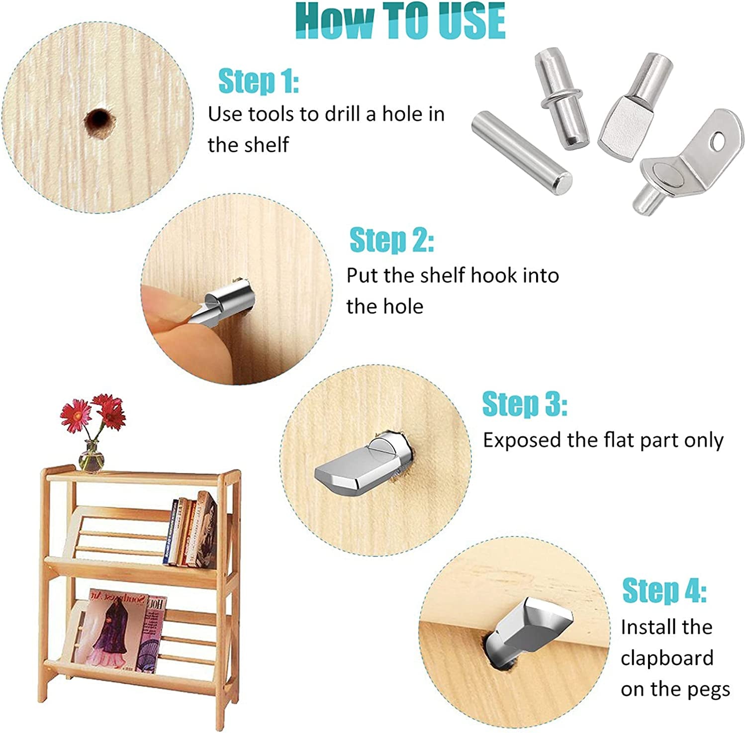 104Pcs Shelf Pins Kit,4 Styles Nickel Plated Shelf Support Pegs,Bookshelf Pegs for Shelves,Cabinet Shelf Bracket Pegs Shelf Pins Holders for Kitchen Furniture & Closet ( 5Mm & 1/4Inch )