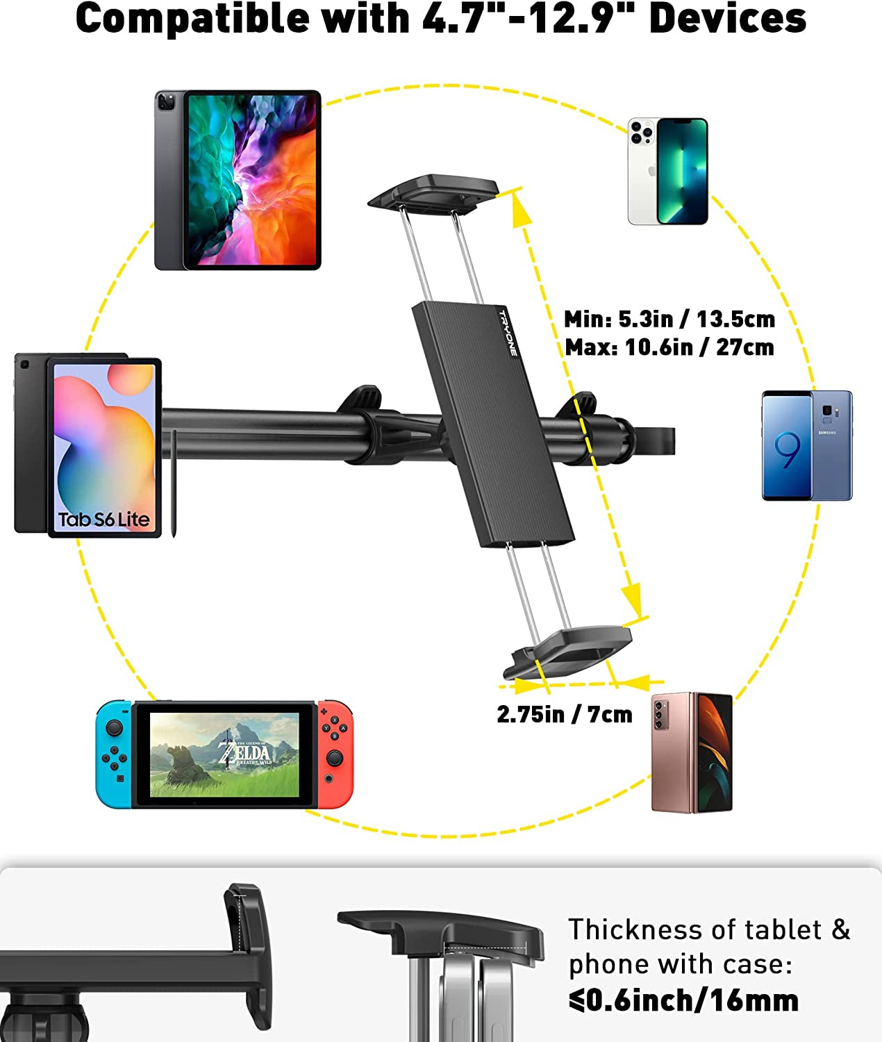 Car Tablet Holder Mount for Ipad: Headrest Tablet Stand for Car Back Seat Compatible with Ipad Pro Air Mini | Galaxy Tab | Kindle Fire HD | Switch OLED or Other 4.7-12.9" Devices