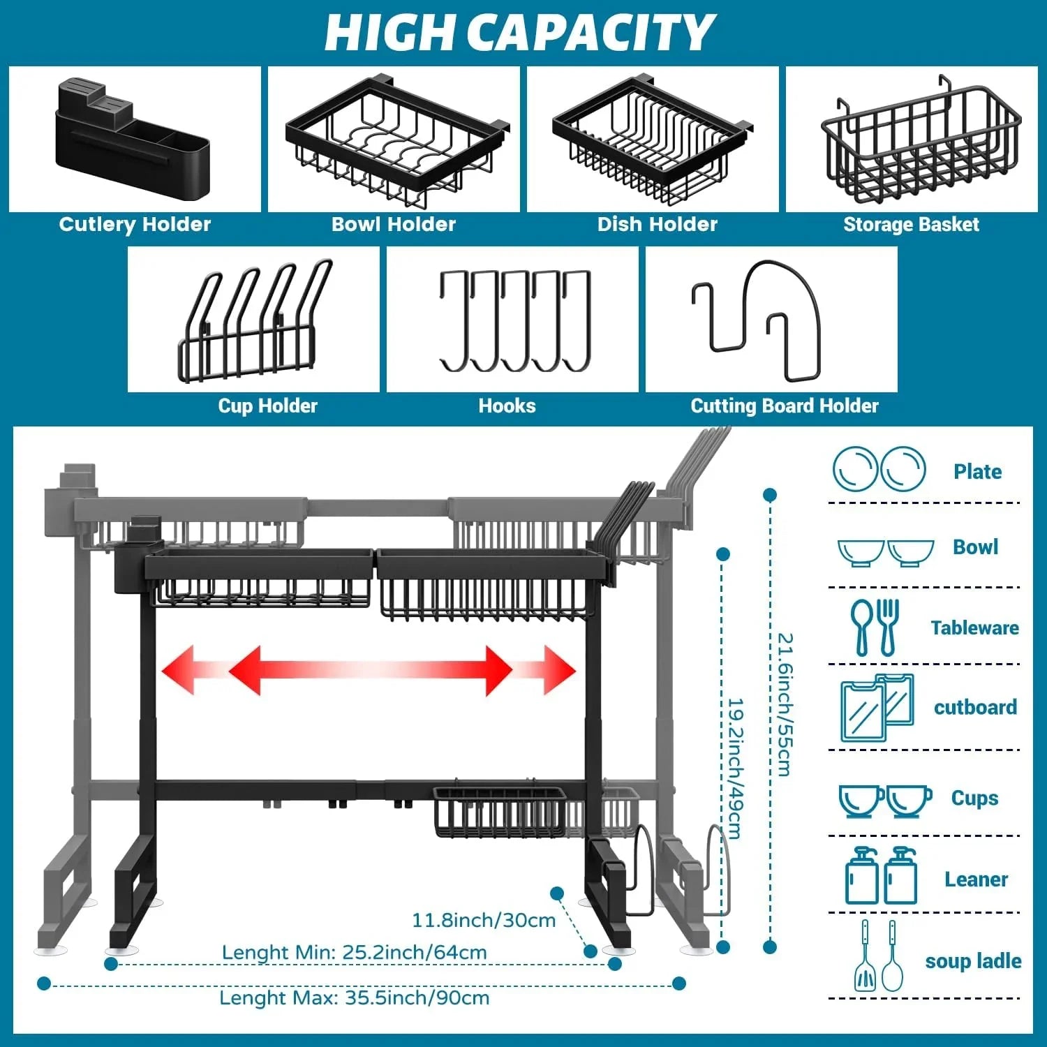 Fit Sink 24.5"- 35.5" L over Sink Dish Drying Rack (Expandable Dimension) Snap-On Design 2 Tier Large Kitchen Dish Rack Stainless Steel Counter Organization and Storage