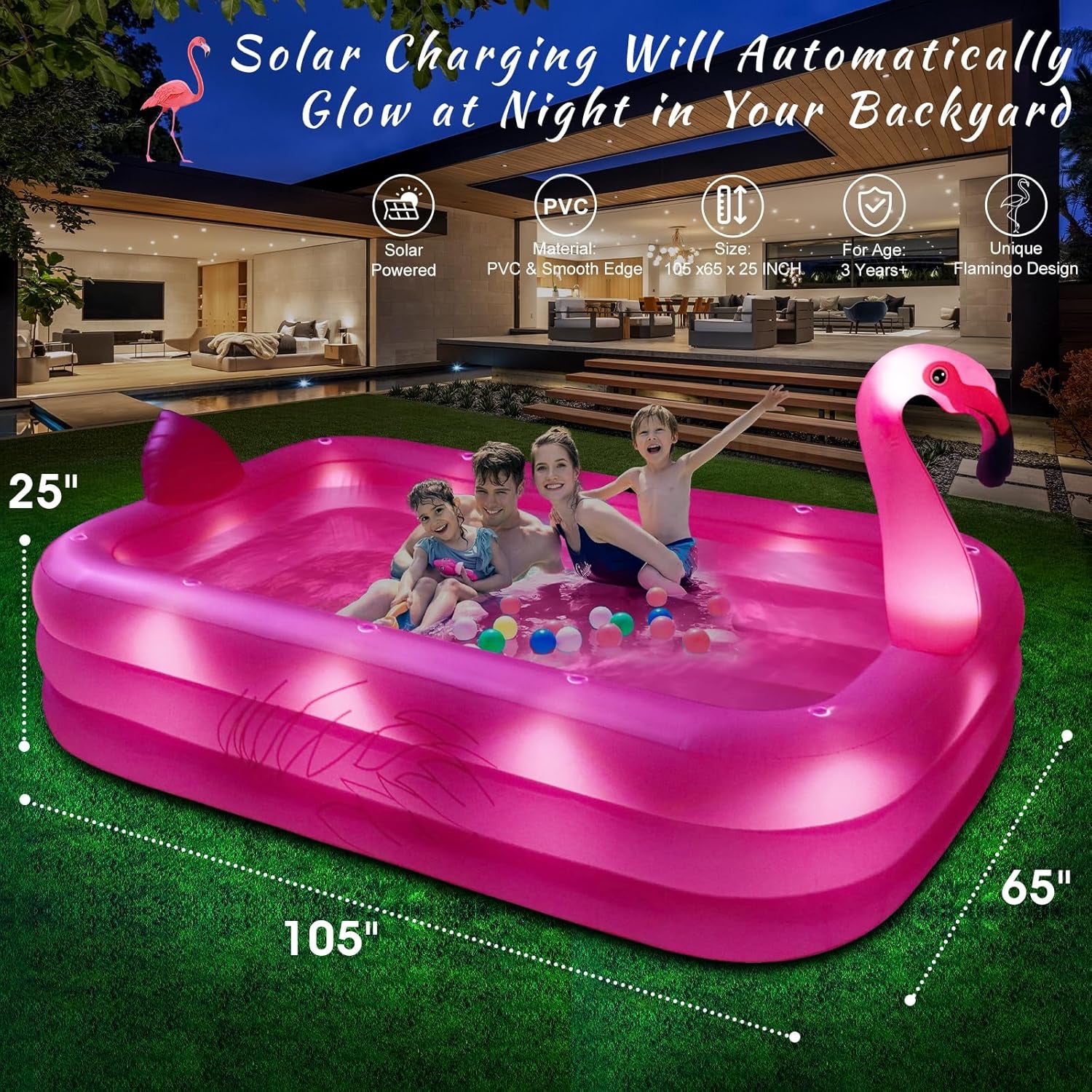Inflatable Pool with Lights, Solar Flamingo Swimming Pool for Kids,Adults Inflatable Blow up Pool, Large Kiddie Pool, Durable Thickened Inflatable Family Pool for Backyard,Outdoor,105"X65"X25"