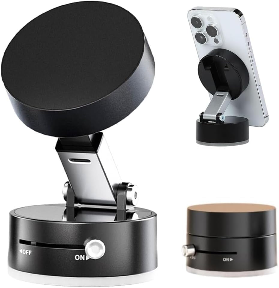 Vacuum Suction Magnetic Phone Holder – Foldable & Retractable Double-Sided Mount for All Phones (Black)