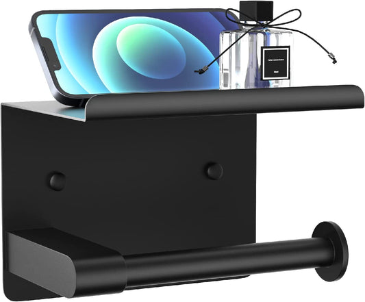 Toilet Paper Holder Wall Mount, Fits Mega Rolls Size Matte Black Toilet Paper Holder with Shelf, Rustproof Stainless Steel Self Adhesive Toilet Paper Holder, Black Bathroom Toilet Paper Holder