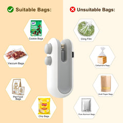 Mini Bag Sealer,2 in 1 USB Rechargeable Chip Bag Sealer Heat Seal Tool,Portable Handheld Vacuum Food Sealer Bag Sealing Machine for Snacks Chips Fresh Storage Snack Bags(White+Blue)