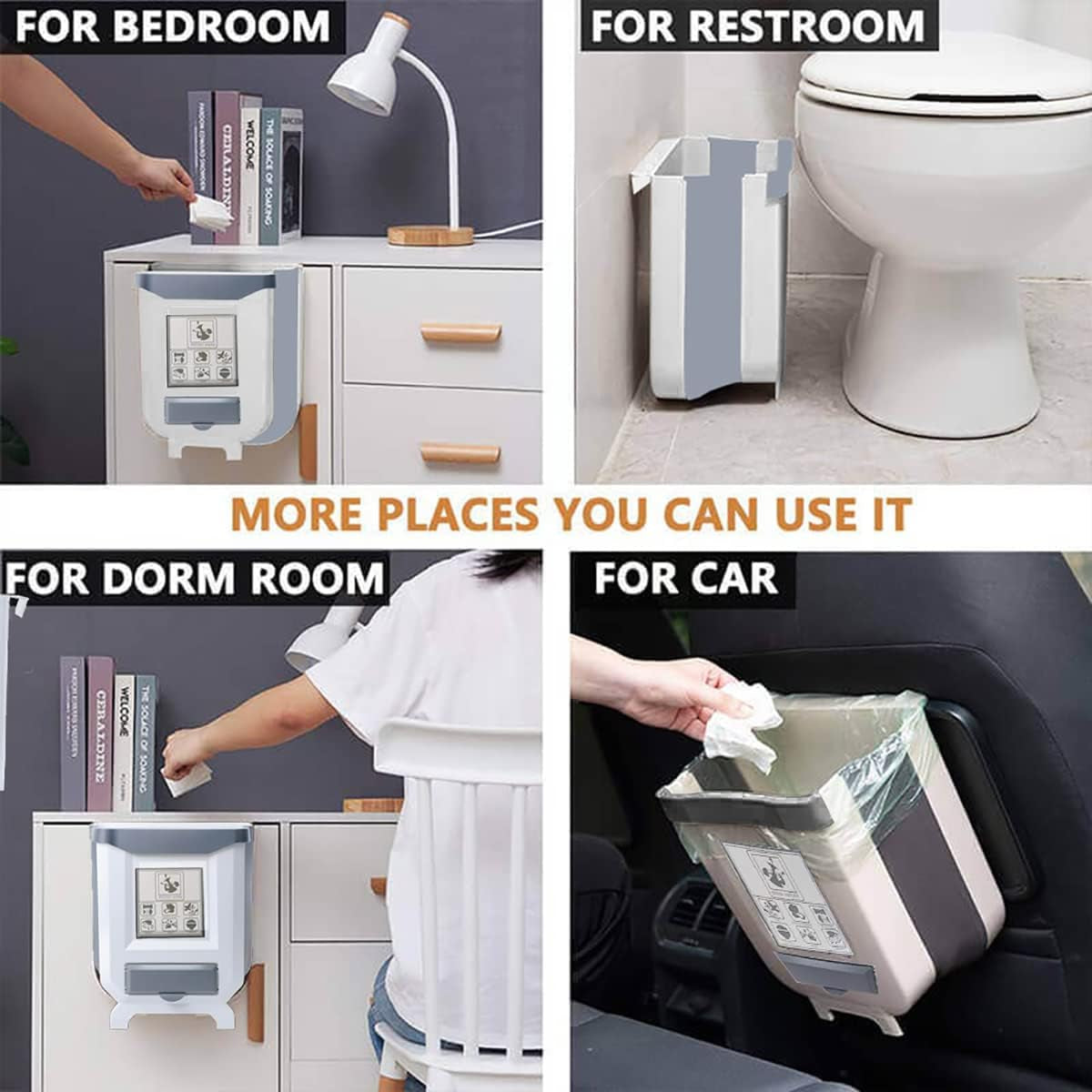 Hanging Kitchen Trash Can, Foldable Waste Bin for Kitchen, Collapsible Hang Small Plastic Garbage Can 2.4 Gallon for Cabinet/Car/Bedroom/Bathroom (White)