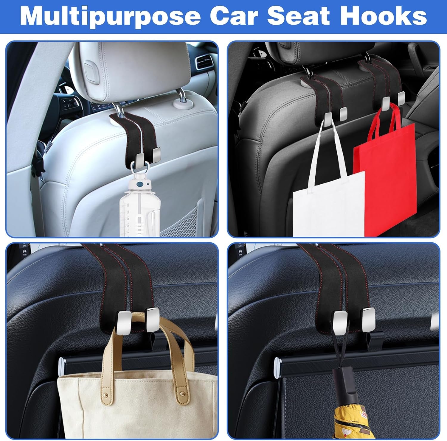 2Pcs Car Hooks for Headrest, Car Seat Hooks Purse Hook for Car, Double Headrest Hooks Purse Holder & Mobile Phone Holder, Car Hanger Storage Car Seat Back Organizer for Bags, Purses, Handbags(Black)