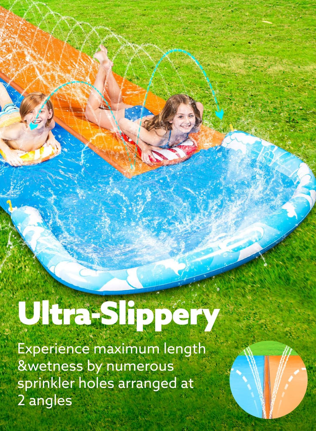 22.5Ft Water Slides and 2 Bodyboards, Lawn Water Slide Summer Slip Waterslides Water Toy with Build in Sprinkler for Backyard Outdoor Water Fun for Kids