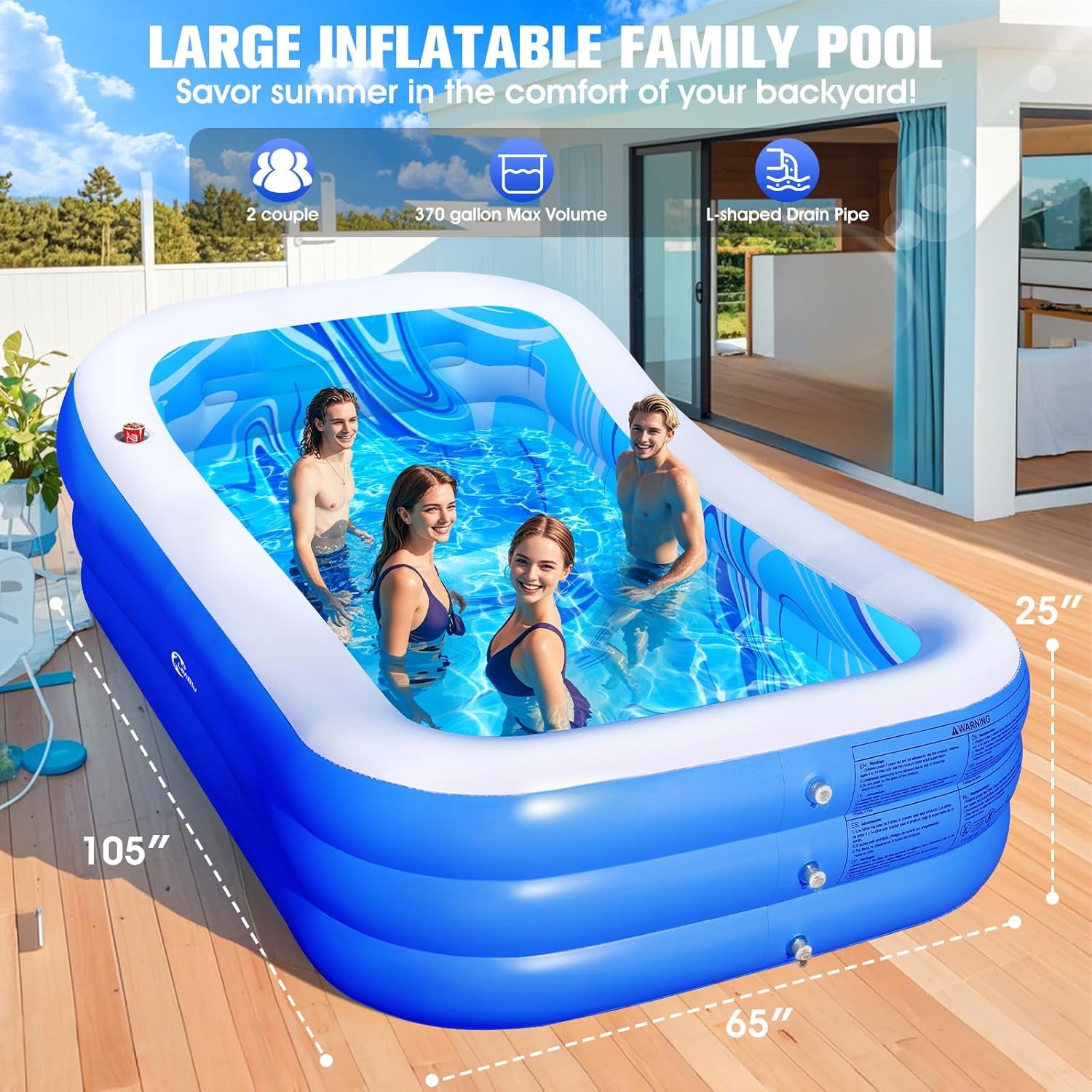 Inflatable Pool with Big Backrest and Seat,Oversized Thickened Large Blow up Pool for Adults,Inflatable Backyard Pools for Kid and Adult,105"X65"X25"Durable Swimming Pools (Blue)
