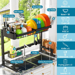 Fit Sink 24.5"- 35.5" L over Sink Dish Drying Rack (Expandable Dimension) Snap-On Design 2 Tier Large Kitchen Dish Rack Stainless Steel Counter Organization and Storage