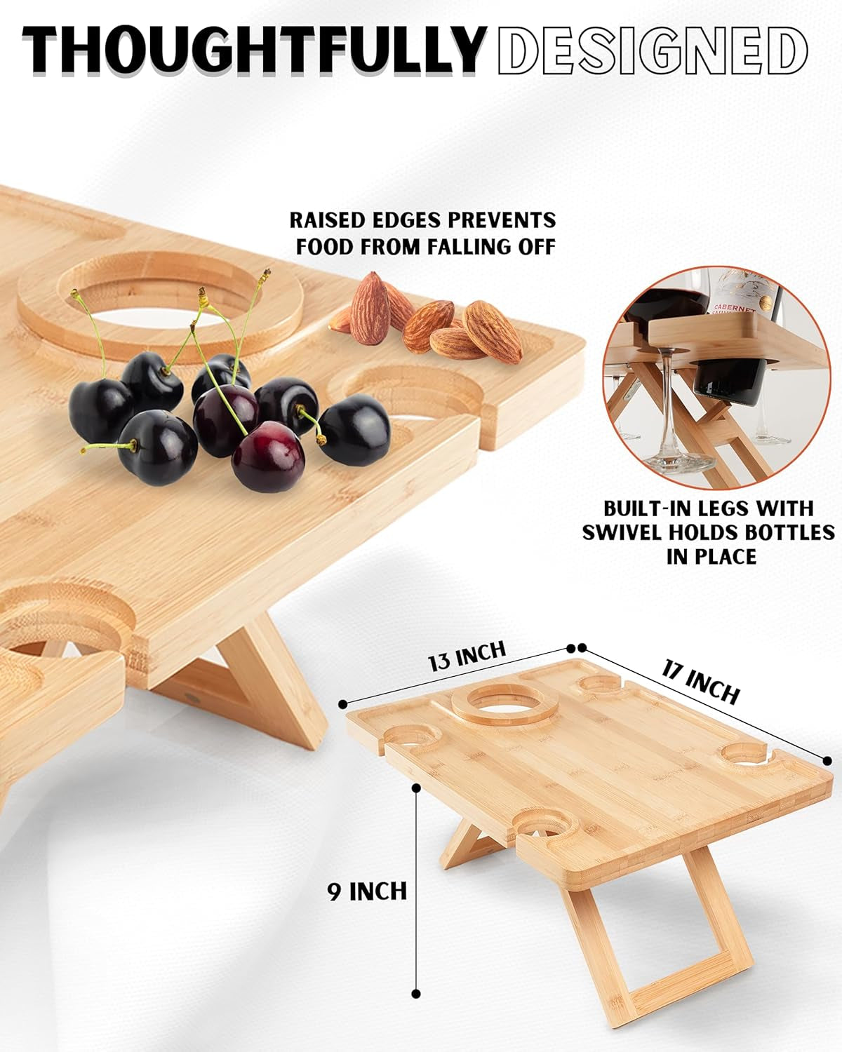 Portable Wine Picnic Table, Outdoor Wine Table, Charcuterie Board with Wine Glass Holder, Beach Picnic Kit - Includes Picnic Mat & Tote Bag