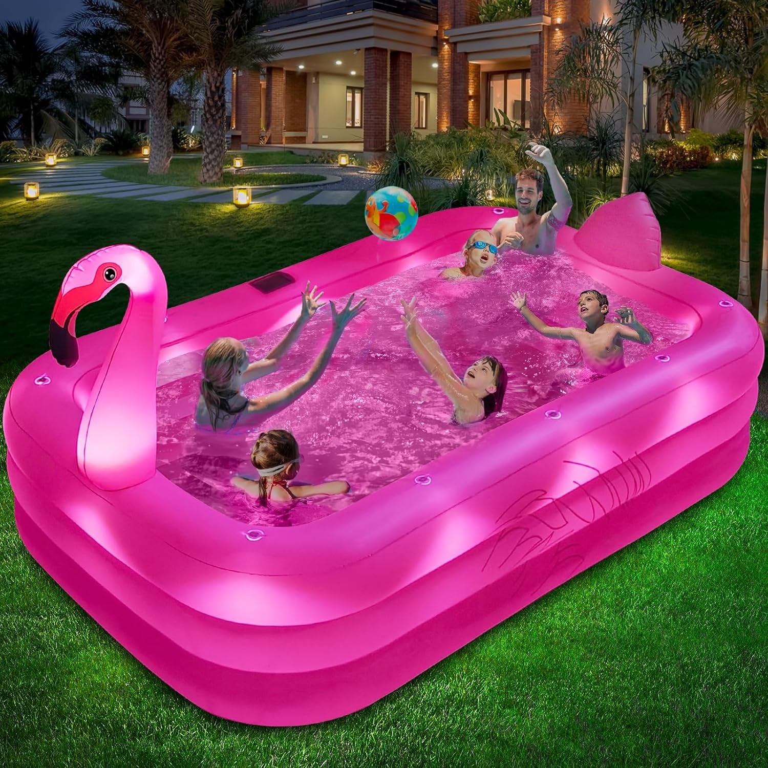 Inflatable Pool with Lights, Solar Flamingo Swimming Pool for Kids,Adults Inflatable Blow up Pool, Large Kiddie Pool, Durable Thickened Inflatable Family Pool for Backyard,Outdoor,105"X65"X25"