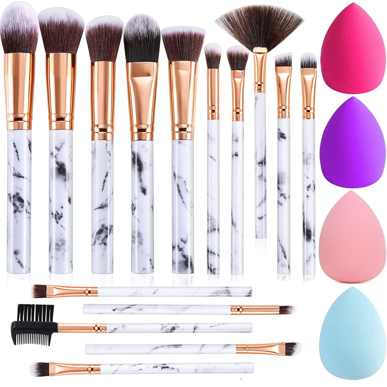 Makeup Brushes 15Pcs Marble Makeup Brush Set Premium Synthetic Kabuki Powder Blush Contour Foundation Concealer Eyeshadow Brushes with Makeup Sponge Make up Tool a Grey