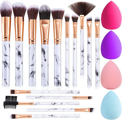 Makeup Brushes 15Pcs Marble Makeup Brush Set Premium Synthetic Kabuki Powder Blush Contour Foundation Concealer Eyeshadow Brushes with Makeup Sponge Make up Tool a Grey