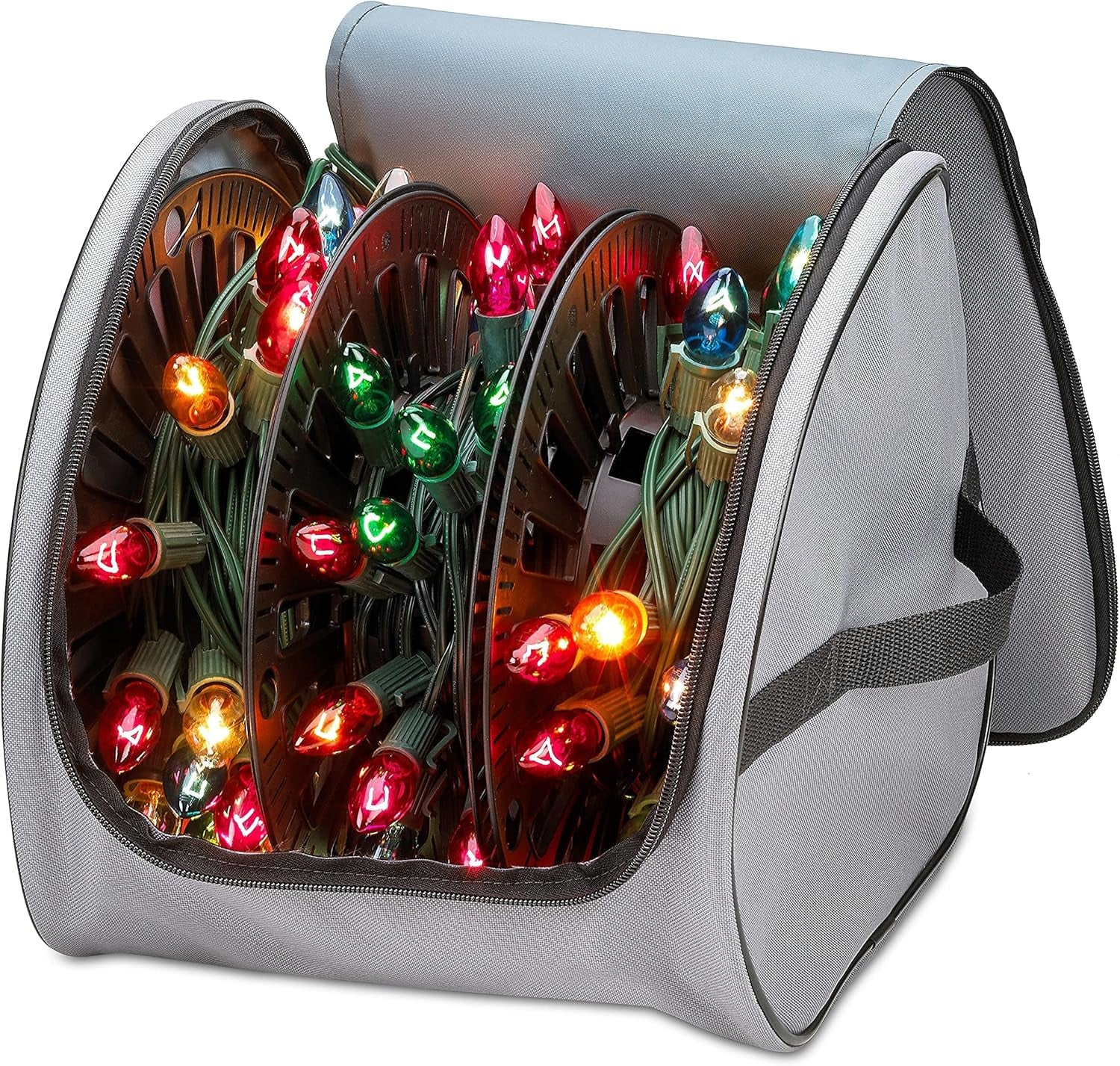 Premium Christmas Light Storage Bag – Heavy Duty Tear Proof 600D/Inside PVC Material with Reinforced Handles - with 3 Reels Stores up to 375 Ft of Mini Christmas Tree Lights & Extension Cords - Gray