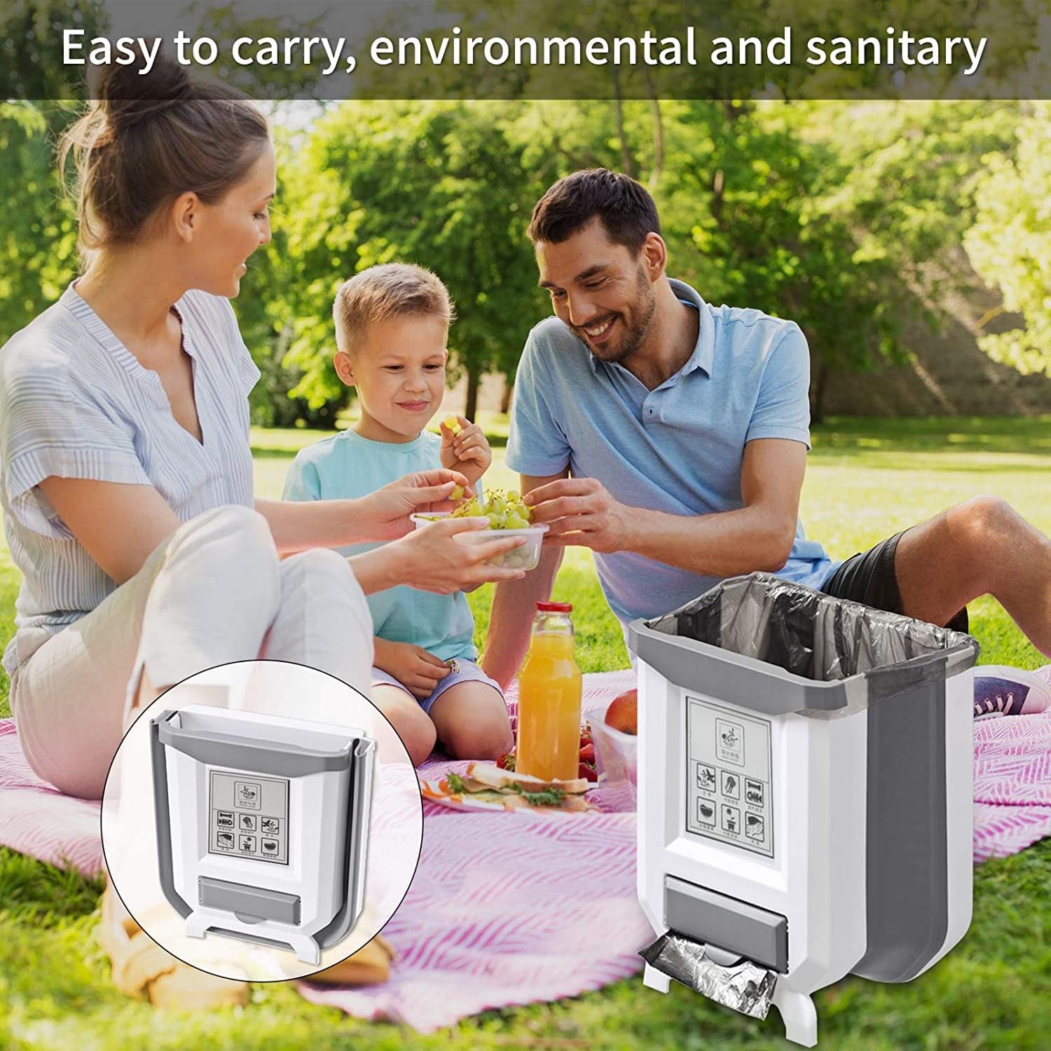 Hanging Kitchen Trash Can, Foldable Waste Bin for Kitchen, Collapsible Hang Small Plastic Garbage Can 2.4 Gallon for Cabinet/Car/Bedroom/Bathroom (White)