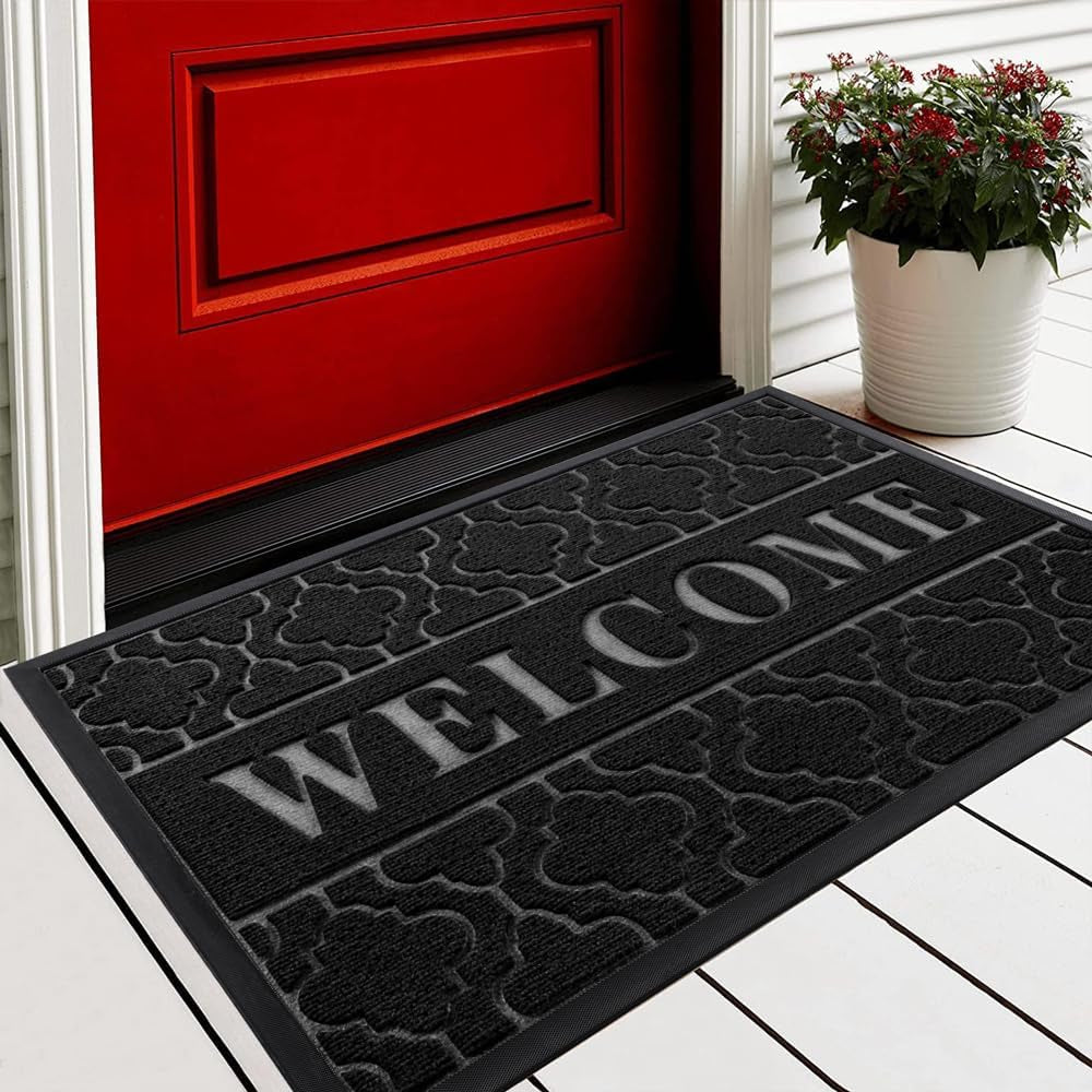 Welcome Mat Outdoor Indoor, 29.5X17 All-Season Waterproof Front Door Mat, All-Weather Heavy Duty Doormat, Low Profile Porch Patio Entrance Mat, Non Slip outside Mat, Black