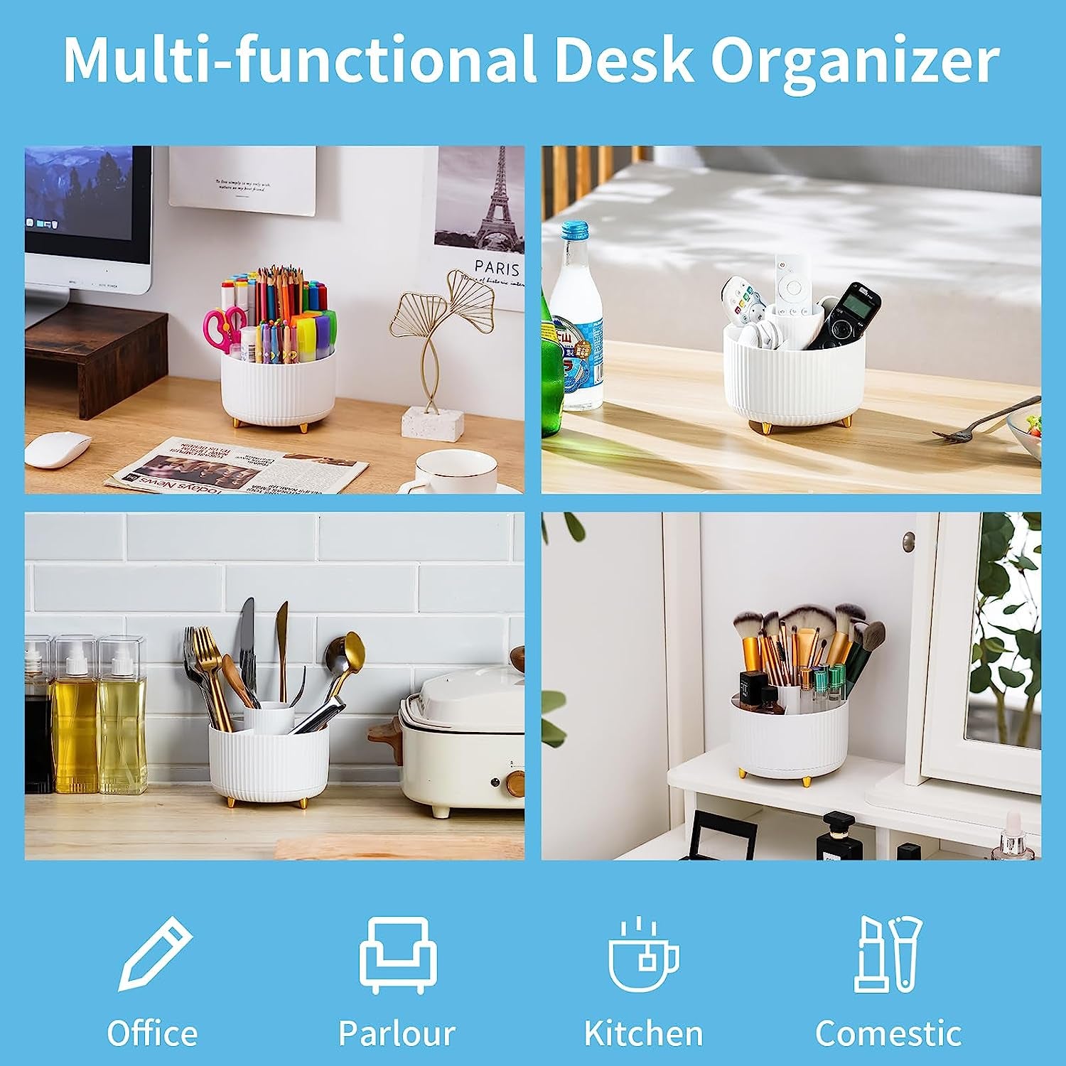 Desk Organizer, 360-Degree Rotating Pen Holder for Desk, Desk Organizers and Accessories with 5 Compartments Pencil Organizer, Art Supply Storage Box Caddy for Office, Home (White)