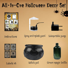 Glam Halloween Decorations Indoor, Cauldron Halloween Decor Set with Magic Floating Potion Bottles Skeleton Mist Maker, Black Witches Cauldron Diffuser for Home Kitchen Mantel Party Decor