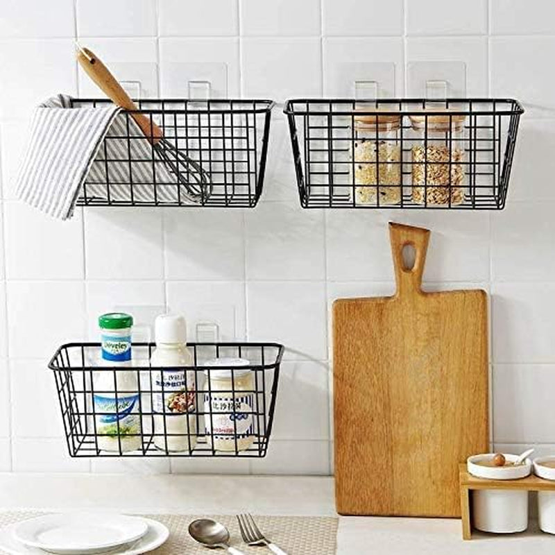 Hanging Kitchen Baskets for Storage Adhesive Sturdy Small Wire Storage Baskets with Kitchen Food Pantry Bathroom Shelf Storage No Drilling Wall Mounted,2 Pack,Black