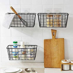 Hanging Kitchen Baskets for Storage Adhesive Sturdy Small Wire Storage Baskets with Kitchen Food Pantry Bathroom Shelf Storage No Drilling Wall Mounted,2 Pack,Black