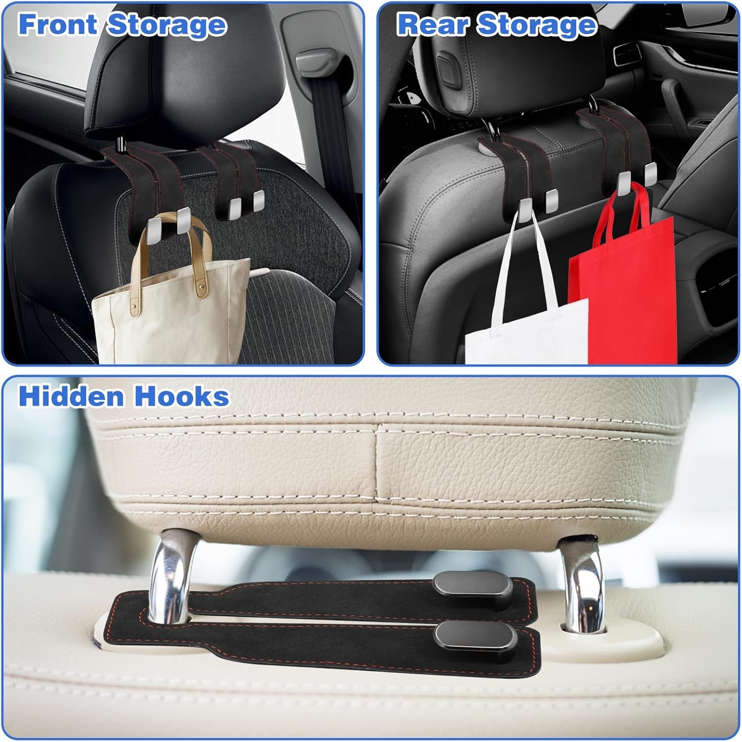 2Pcs Car Hooks for Headrest, Car Seat Hooks Purse Hook for Car, Double Headrest Hooks Purse Holder & Mobile Phone Holder, Car Hanger Storage Car Seat Back Organizer for Bags, Purses, Handbags(Black)