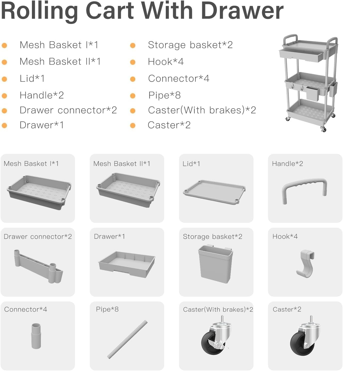 3 Tier Rolling Cart Organizer,Laundry Room Bathroom Organizers and Storage Office Shelves Mobile Shelving Unit Kitchen Trolley Cart with Wheels for Art,Craft,Diaper,Bedside,Snack(Grey)