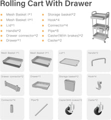 3 Tier Rolling Cart Organizer,Laundry Room Bathroom Organizers and Storage Office Shelves Mobile Shelving Unit Kitchen Trolley Cart with Wheels for Art,Craft,Diaper,Bedside,Snack(Grey)