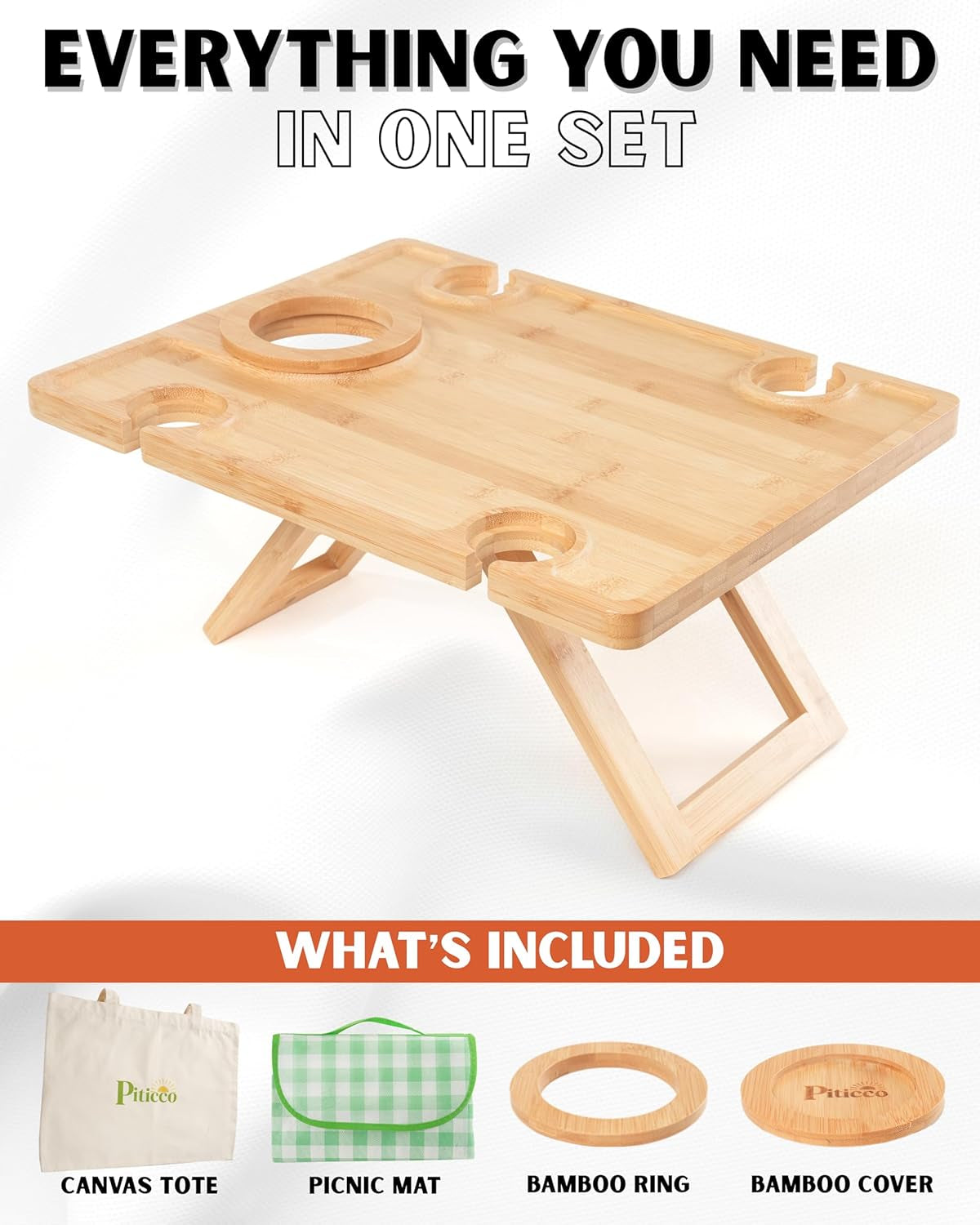 Portable Wine Picnic Table, Outdoor Wine Table, Charcuterie Board with Wine Glass Holder, Beach Picnic Kit - Includes Picnic Mat & Tote Bag