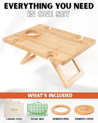 Portable Wine Picnic Table, Outdoor Wine Table, Charcuterie Board with Wine Glass Holder, Beach Picnic Kit - Includes Picnic Mat & Tote Bag