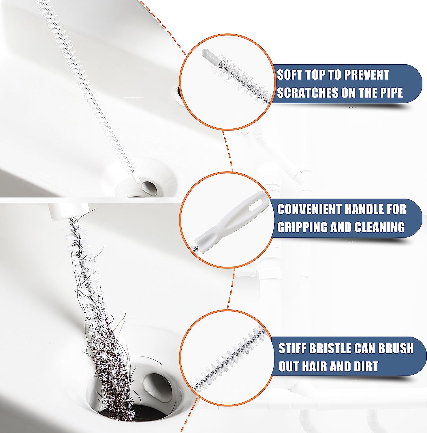 35.5Inch Drain Clog Remover(1Pcs), 25Inch Drain Snake Hair Remover(6Pcs) & Cleaning Brush(2Pcs), Hair Catcher Drain Auger Cleaner Tool Set for Toilet, Kitchen Sink, Bathroom Tub, Sewer, 9 Pack