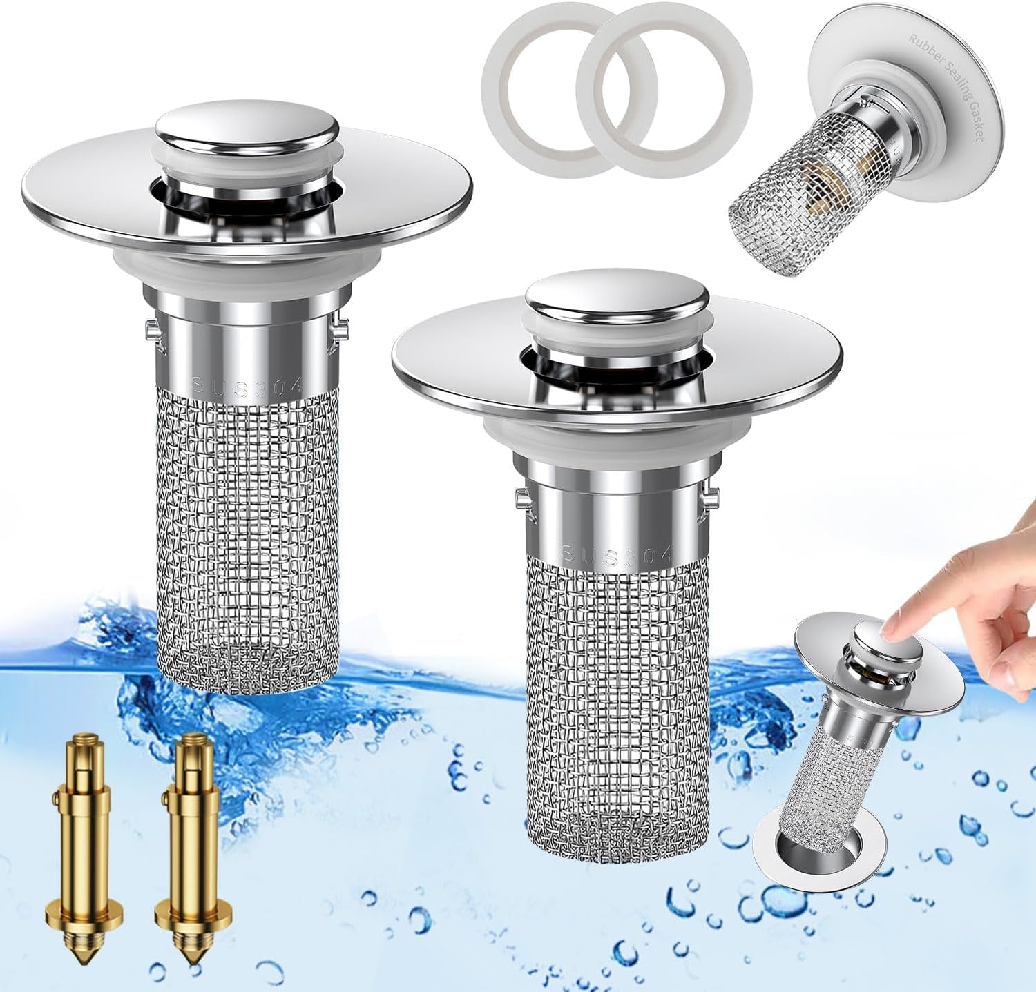 Bathroom Sink Stopper Hair Catcher, Pop-Up Sink Drain Strainer with Removable Stainless Steel Strainer Basket Hair Catcher, Bathroom Sink Strainer for Bathroom Sink Stopper Replacement. (2PCS)