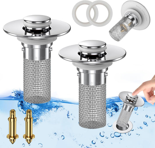 Bathroom Sink Stopper Hair Catcher, Pop-Up Sink Drain Strainer with Removable Stainless Steel Strainer Basket Hair Catcher, Bathroom Sink Strainer for Bathroom Sink Stopper Replacement. (2PCS)