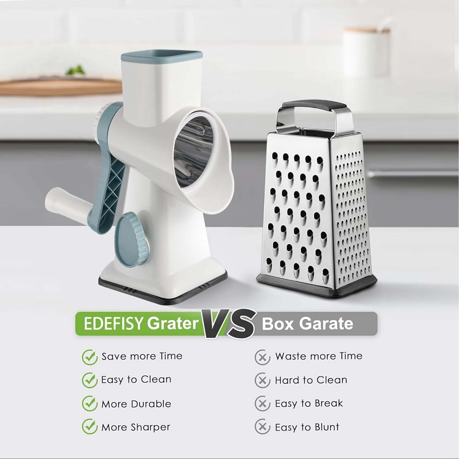 Cheese Grater Hand Crank Rotary Vegetables Shredder with Handle, 3-In-1 Graters with Interchangeable Blades and Strong Suction Base Multifunctional Slicer for Kitchen,White