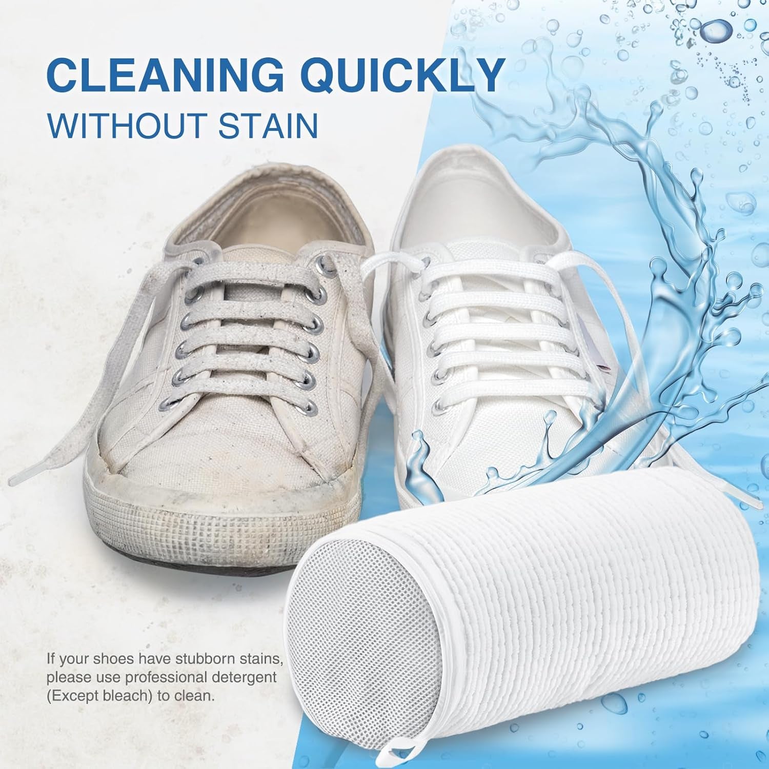 Shoe Washing Bag for Washing Machine, Fluffy Fibers Keep 360° Wrap-Around Cleaning, 2 Pairs Adjustable Shoe Trees, Durable Hidden Zipper Reusable Shoe Laundry Bag for Sneaker Gym Shoes White