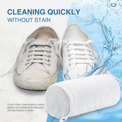 Shoe Washing Bag for Washing Machine, Fluffy Fibers Keep 360° Wrap-Around Cleaning, 2 Pairs Adjustable Shoe Trees, Durable Hidden Zipper Reusable Shoe Laundry Bag for Sneaker Gym Shoes White