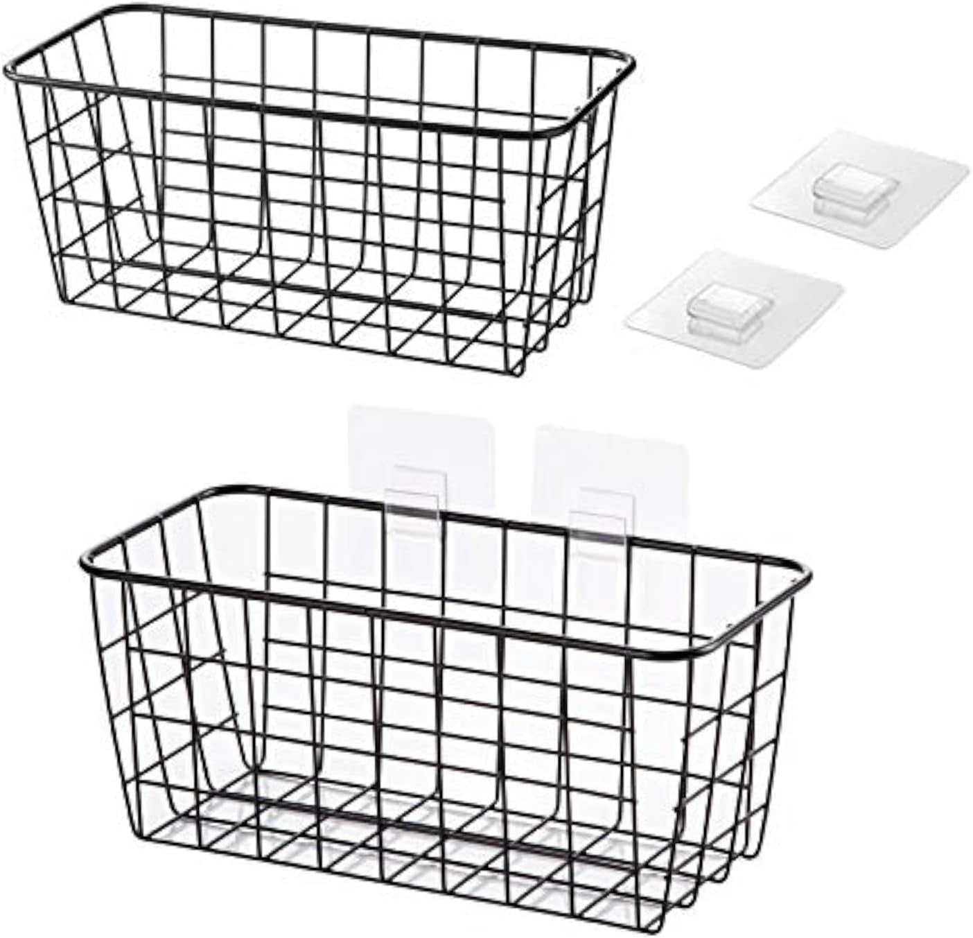 Hanging Kitchen Baskets for Storage Adhesive Sturdy Small Wire Storage Baskets with Kitchen Food Pantry Bathroom Shelf Storage No Drilling Wall Mounted,2 Pack,Black