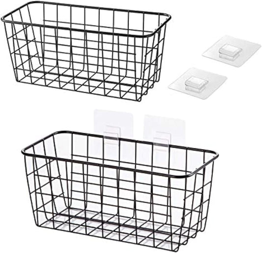 Hanging Kitchen Baskets for Storage Adhesive Sturdy Small Wire Storage Baskets with Kitchen Food Pantry Bathroom Shelf Storage No Drilling Wall Mounted,2 Pack,Black