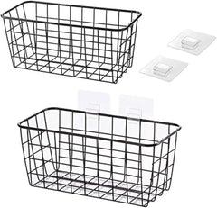 Hanging Kitchen Baskets for Storage Adhesive Sturdy Small Wire Storage Baskets with Kitchen Food Pantry Bathroom Shelf Storage No Drilling Wall Mounted,2 Pack,Black
