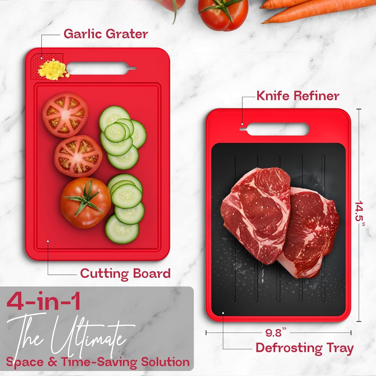 Glam 4-In-1 Defrosting Tray for Frozen Meat - Meat Thawing Tray with Built-In Knife Refiner, Garlic Grater & Cutting Board - Thawing Plate for Frozen Food - Non-Slip, Dishwasher Compatible - Red